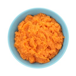 Photo of Tasty mashed sweet potato in bowl isolated on white, top view