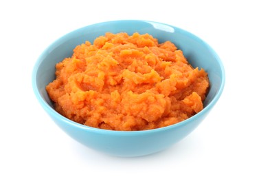 Photo of Tasty mashed sweet potato in bowl isolated on white