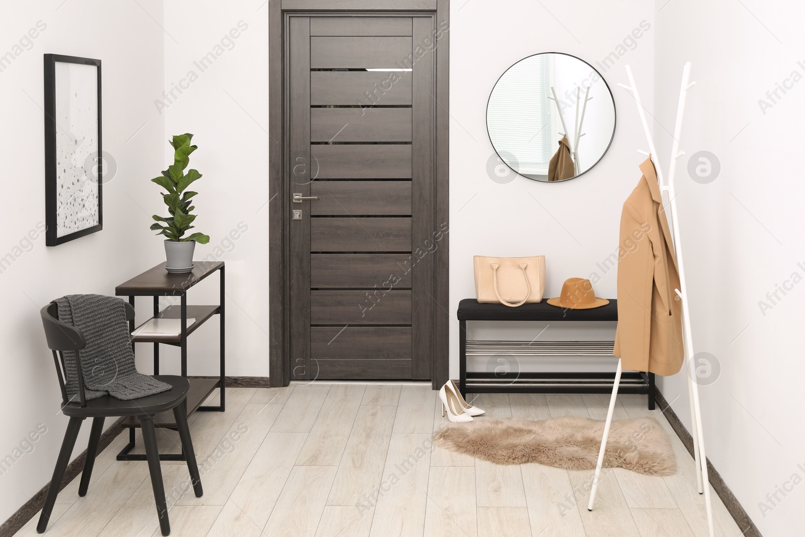 Photo of Clothing rack, mirror, houseplant and stylish furniture in hallway