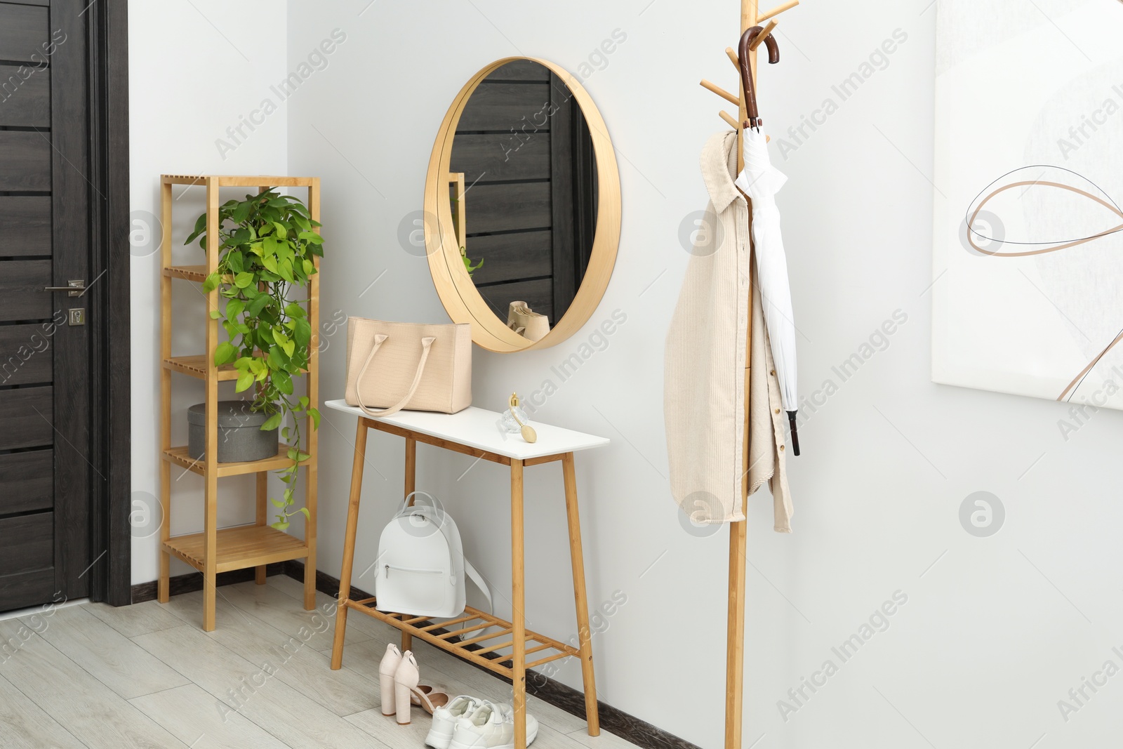 Photo of Clothing rack, mirror, houseplant, storage bench and shelving unit in hallway