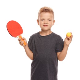 Photo of Little boy with ping pong racket and ball on white background