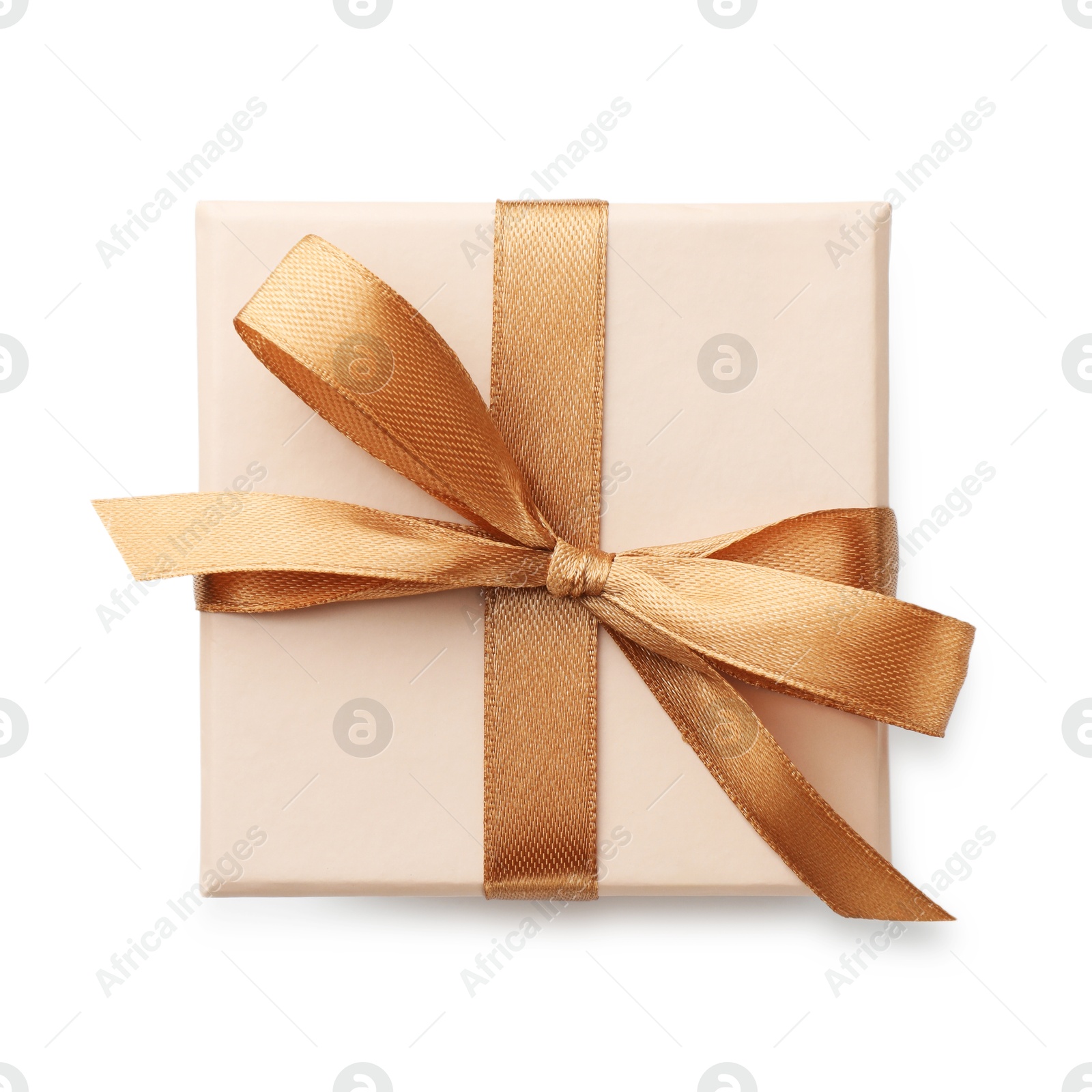 Photo of Gift box with golden bow isolated on white, top view