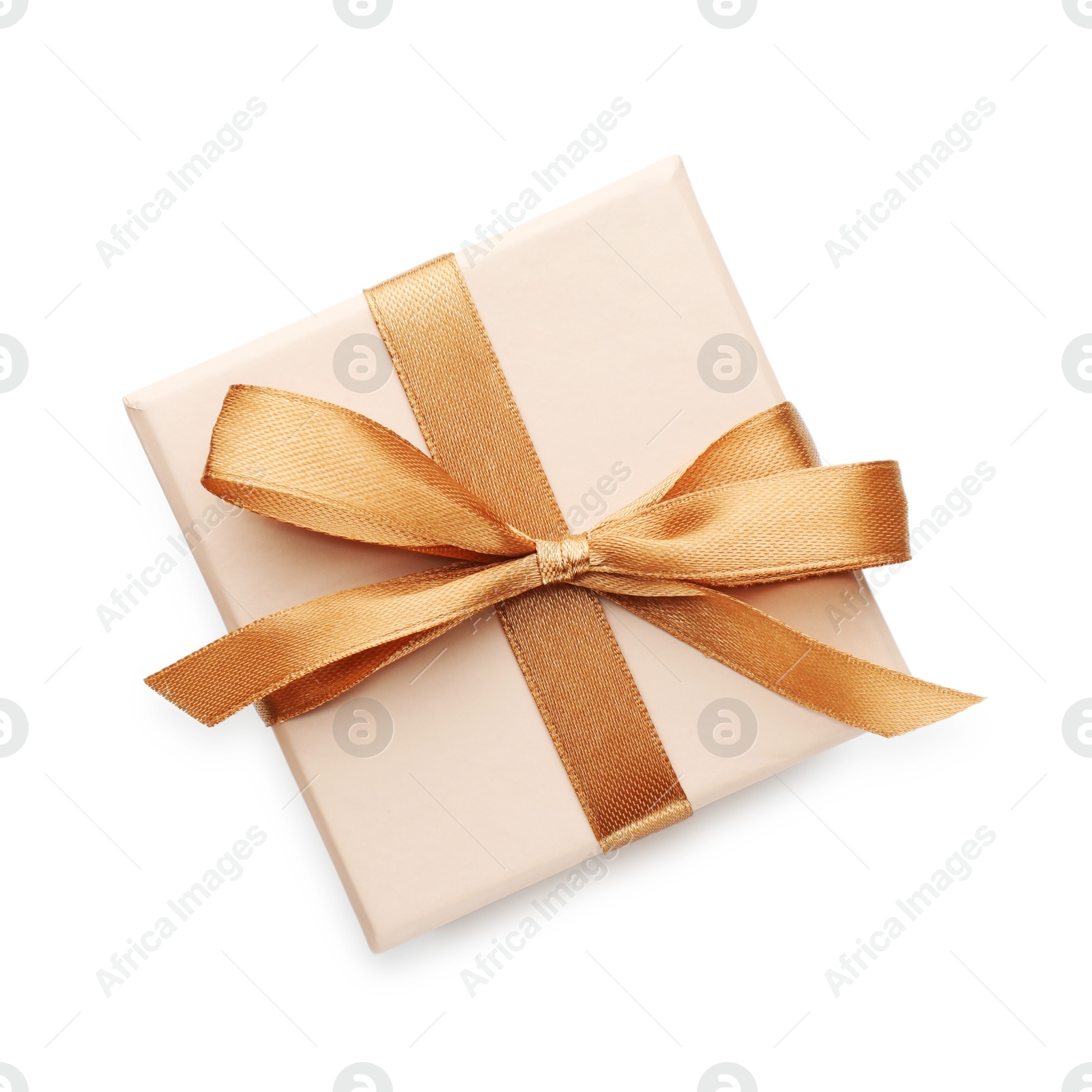 Photo of Gift box with golden bow isolated on white, top view