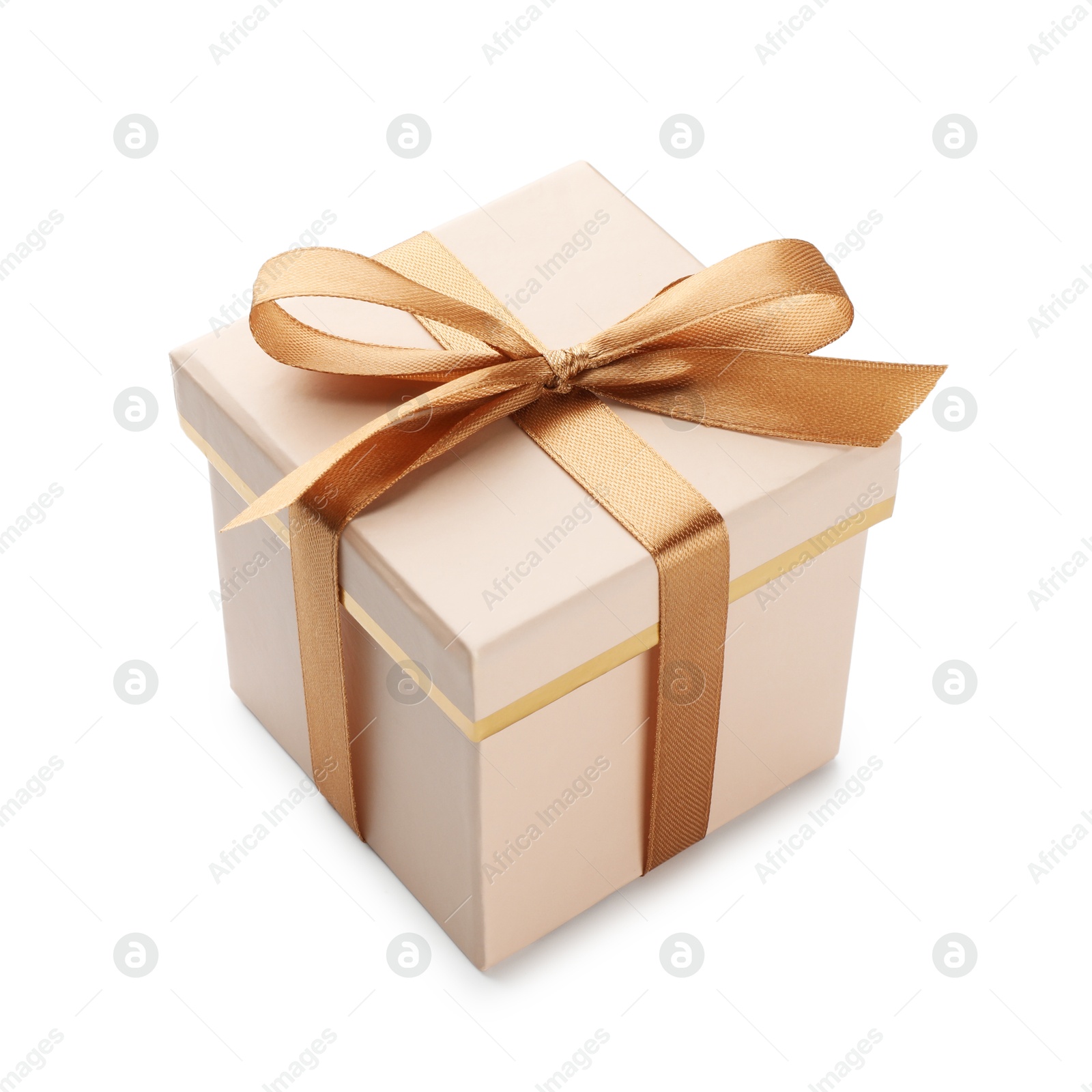 Photo of Gift box with golden bow isolated on white