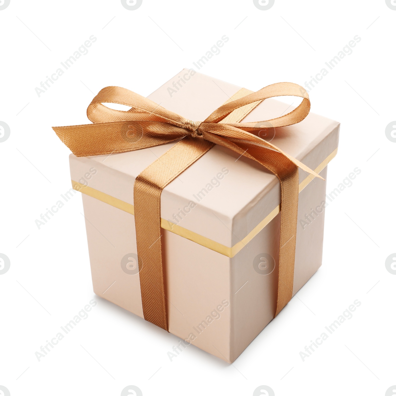 Photo of Gift box with golden bow isolated on white