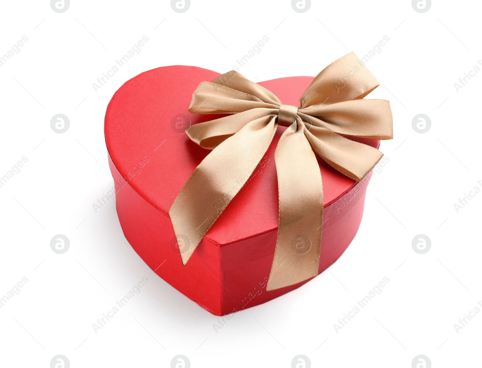 Photo of Heart shaped gift box with golden bow isolated on white