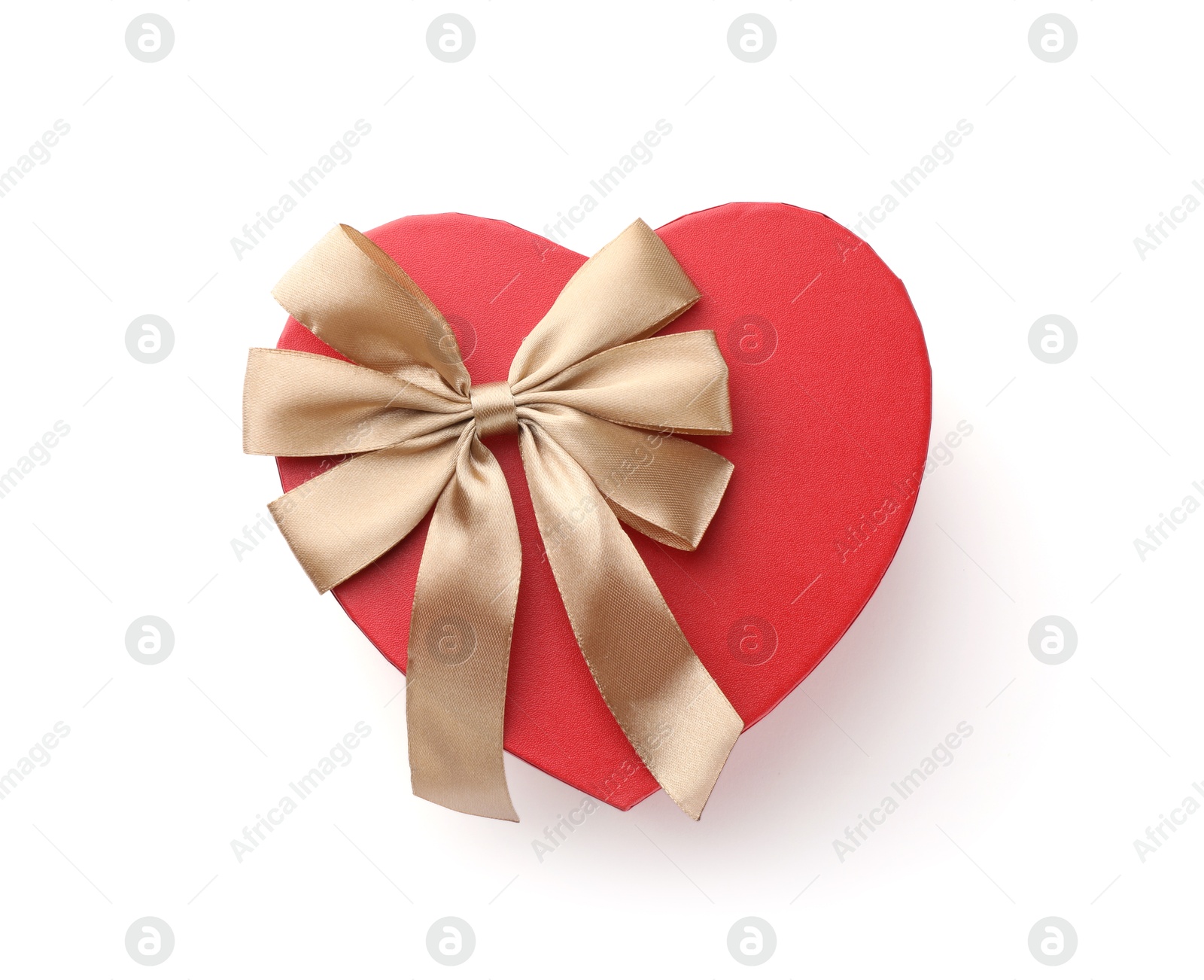 Photo of Heart shaped gift box with golden bow isolated on white, top view