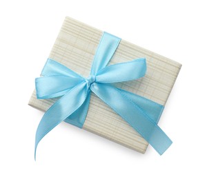 Photo of Beautiful gift box with light blue bow isolated on white