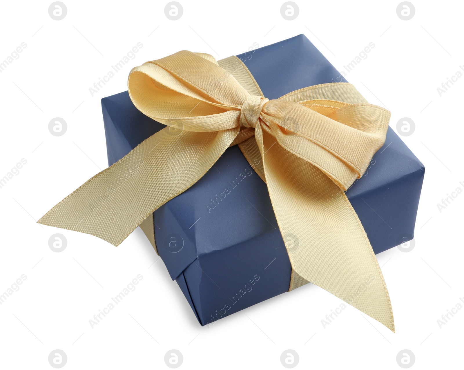 Photo of Beautiful gift box with golden bow isolated on white