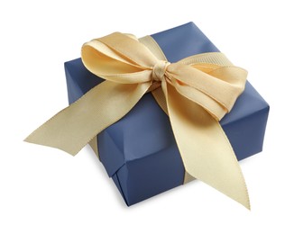 Photo of Beautiful gift box with golden bow isolated on white