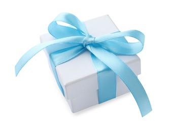 Photo of Beautiful gift box with light blue bow isolated on white