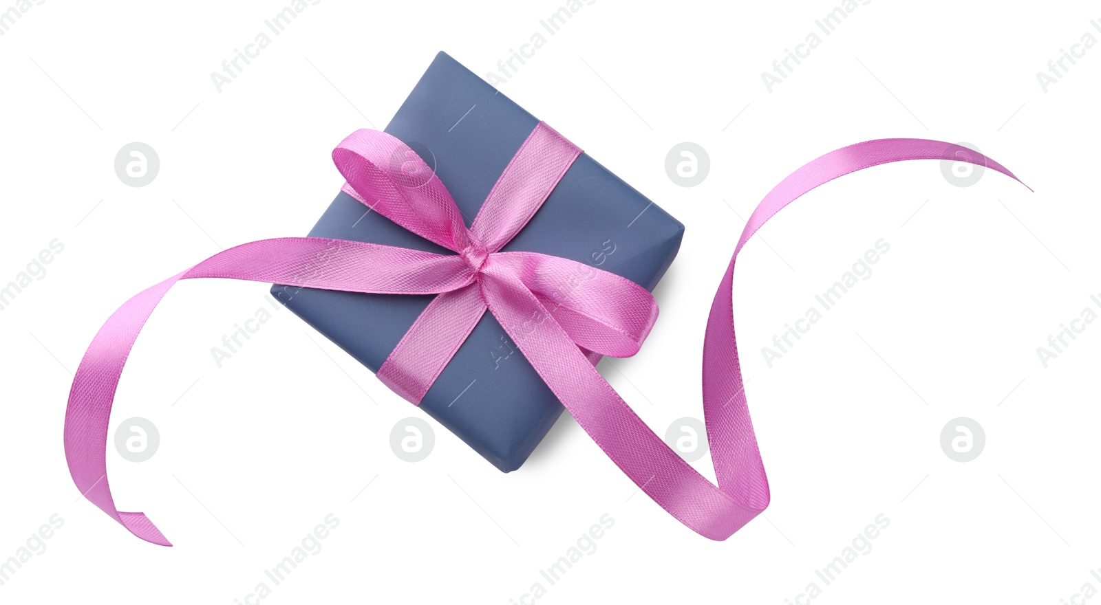 Photo of Beautiful gift box with pink bow isolated on white, top view