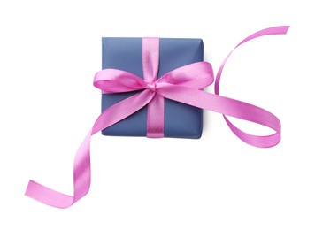 Photo of Beautiful gift box with pink bow isolated on white, top view