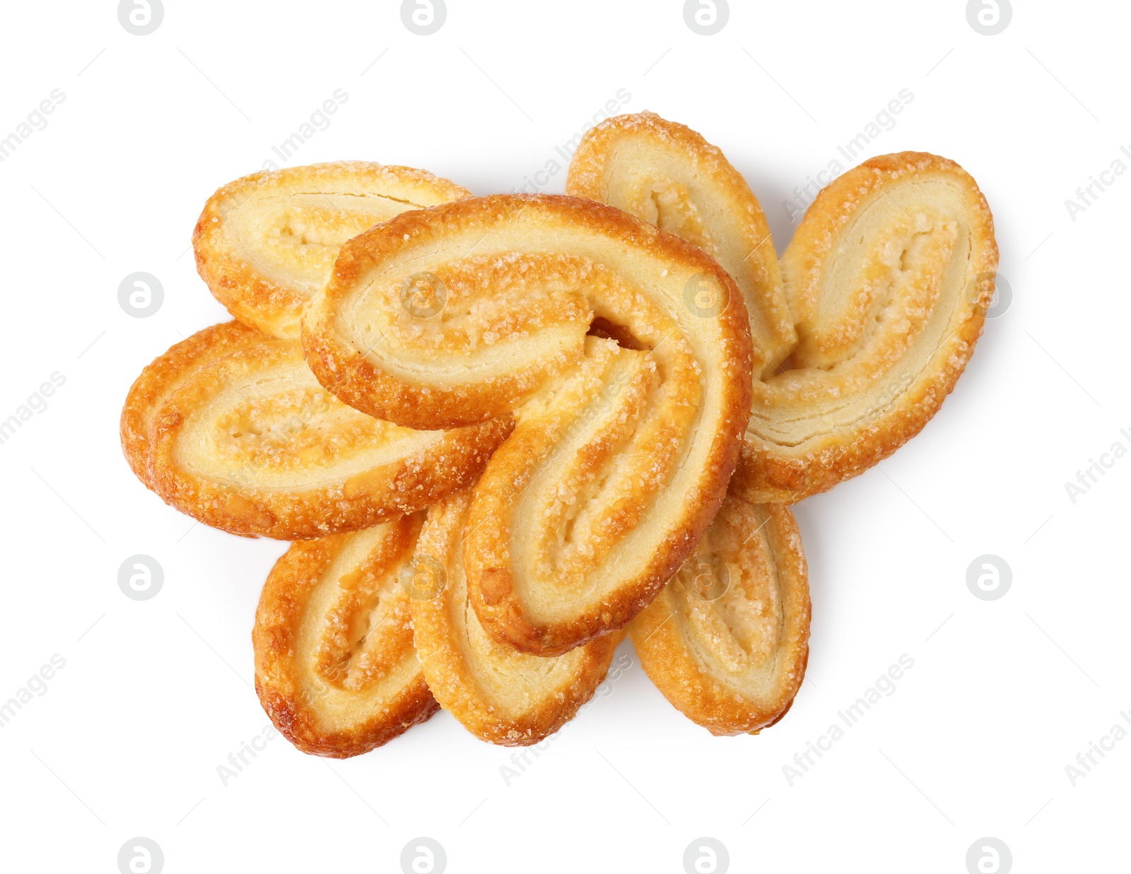 Photo of Tasty french palmier cookies isolated on white, top view