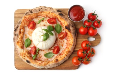 Delicious pizza with burrata cheese, basil, sauce and tomatoes isolated on white, top view