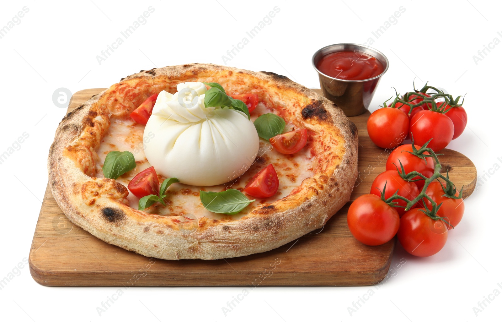 Photo of Delicious pizza with burrata cheese, basil, sauce and tomatoes isolated on white