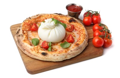 Photo of Delicious pizza with burrata cheese, basil, sauce and tomatoes isolated on white