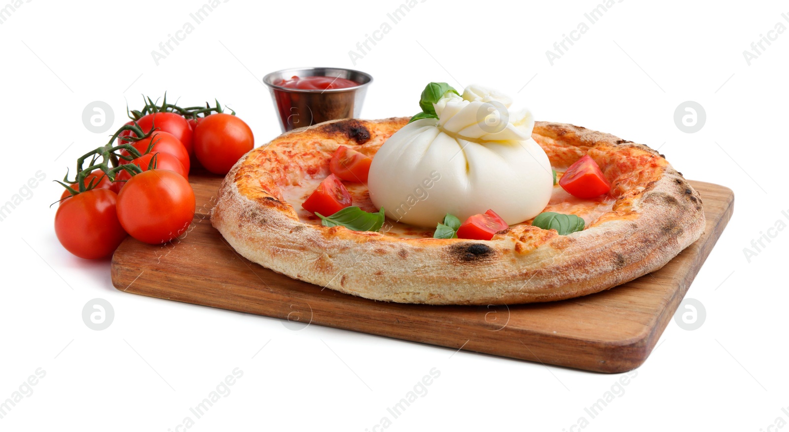 Photo of Delicious pizza with burrata cheese, basil, sauce and tomatoes isolated on white