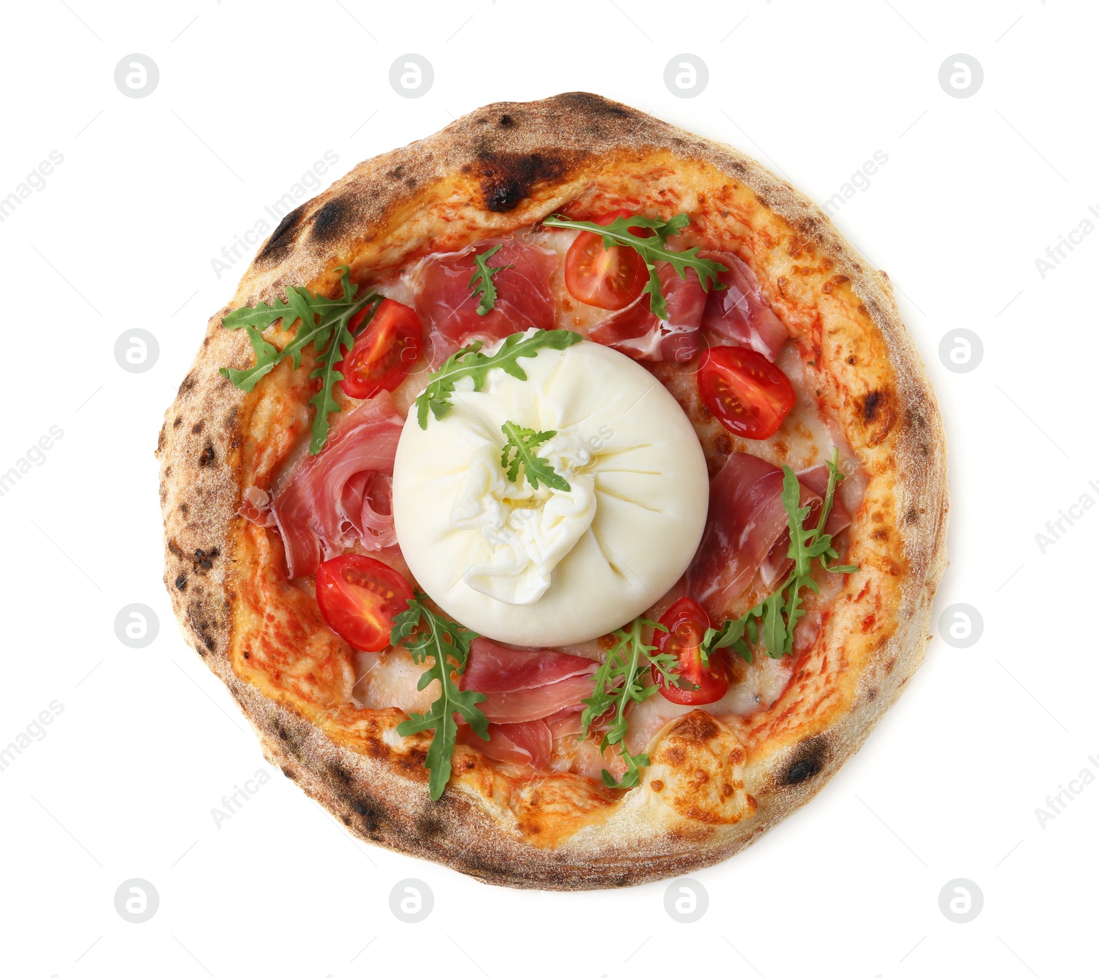 Photo of Delicious pizza with burrata cheese, arugula, tomato and ham isolated on white, top view