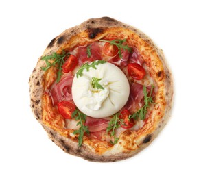 Photo of Delicious pizza with burrata cheese, arugula, tomato and ham isolated on white, top view