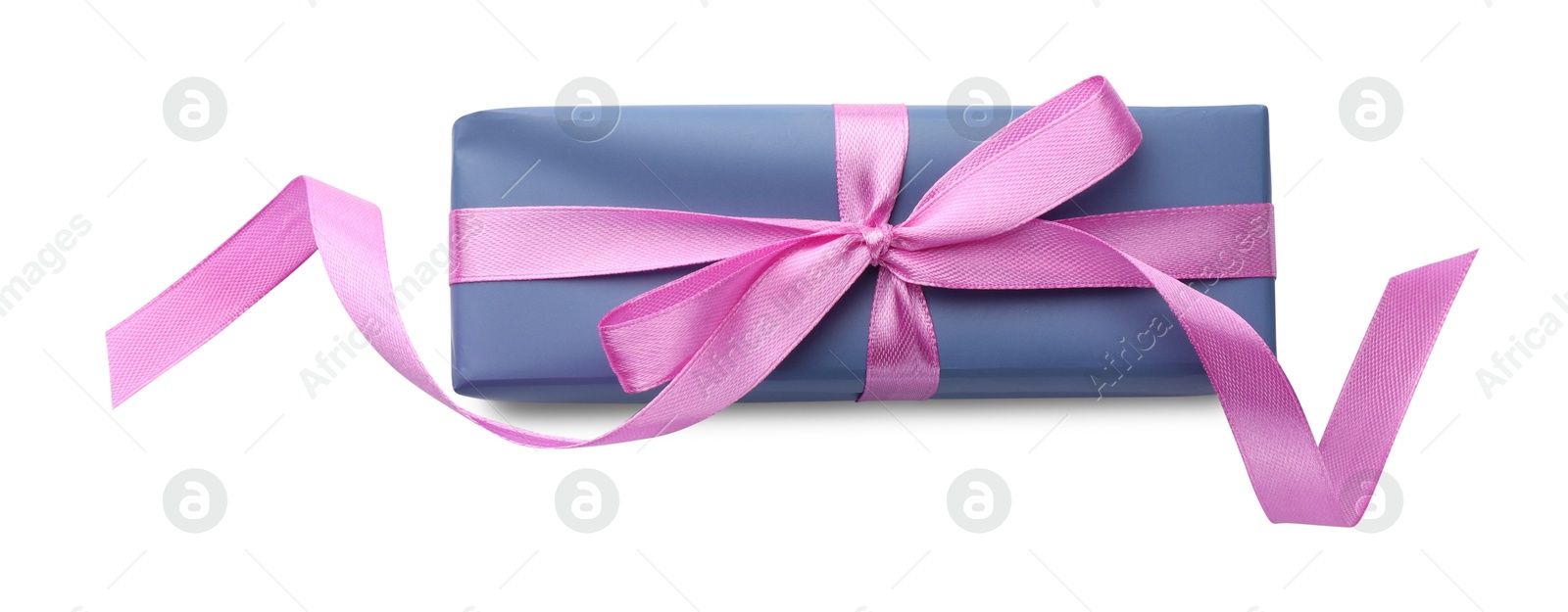 Photo of Beautiful gift box with pink bow isolated on white, top view