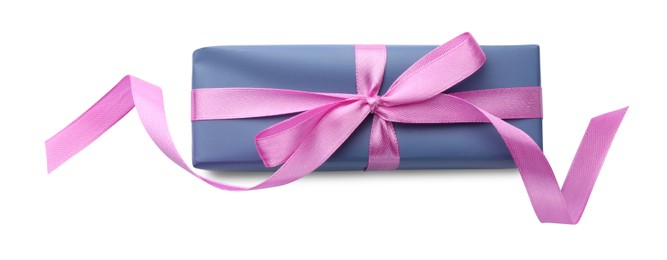 Photo of Beautiful gift box with pink bow isolated on white, top view