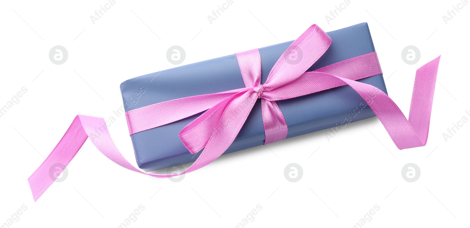 Photo of Beautiful gift box with pink bow isolated on white, top view