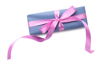 Photo of Beautiful gift box with pink bow isolated on white, top view