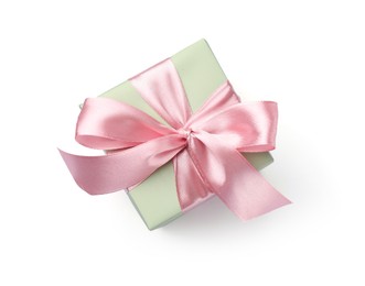 Photo of Beautiful gift box with pink bow isolated on white, top view