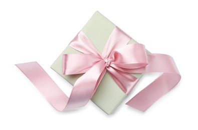 Photo of Beautiful gift box with pink bow isolated on white, top view