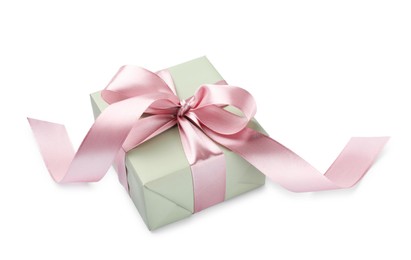 Photo of Beautiful gift box with pink bow isolated on white