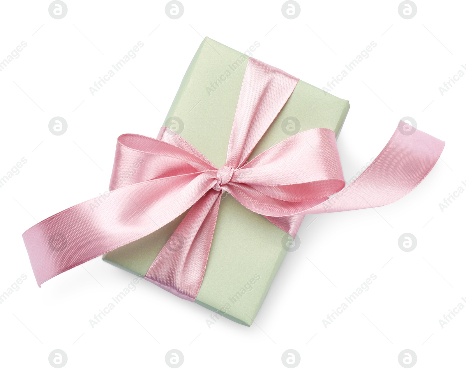 Photo of Beautiful gift box with pink bow isolated on white, top view