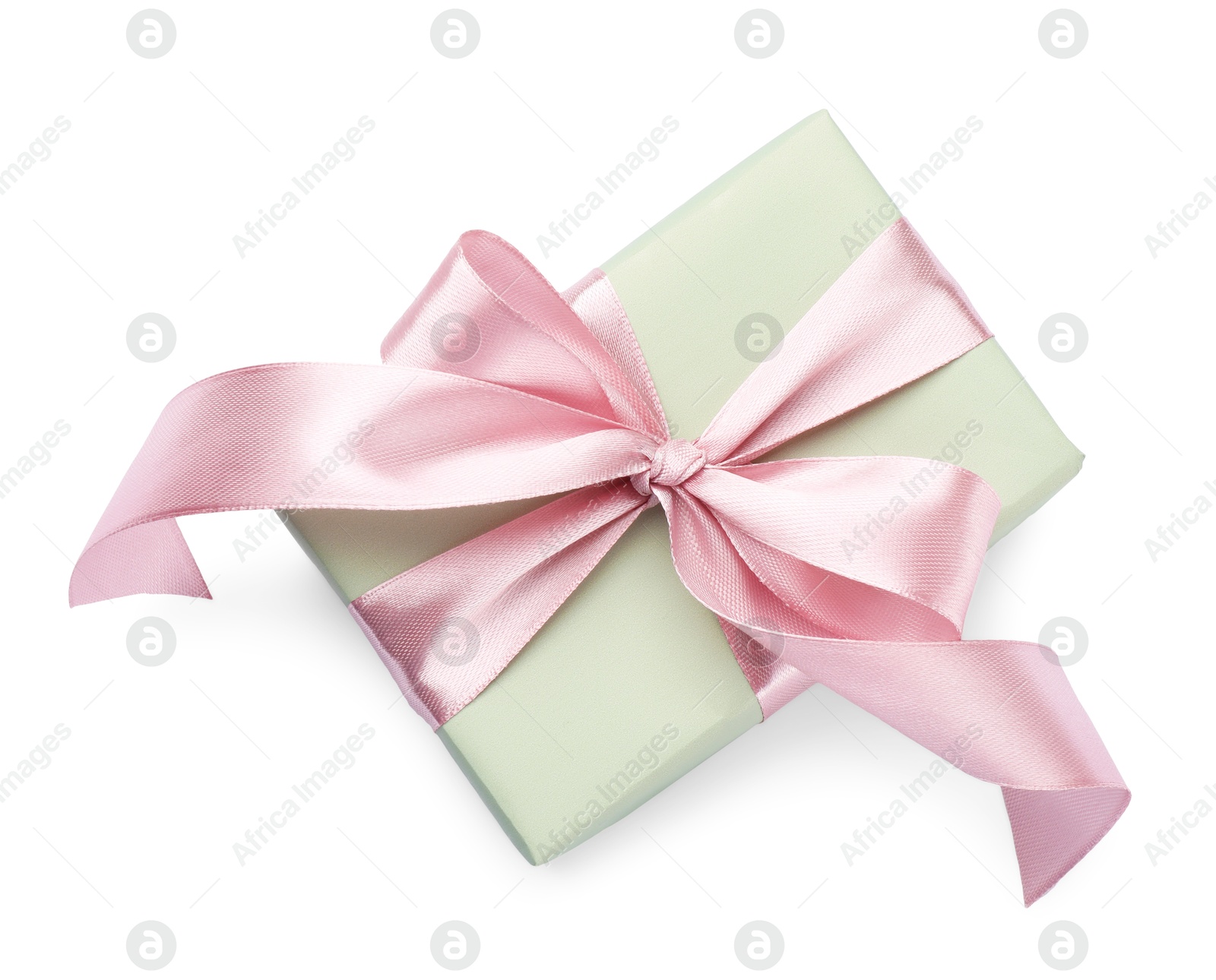 Photo of Beautiful gift box with pink bow isolated on white, top view