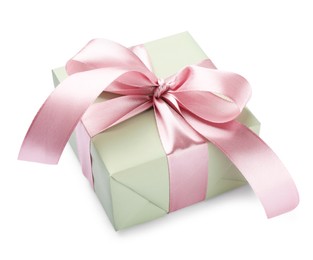 Photo of Beautiful gift box with pink bow isolated on white