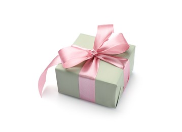 Photo of Beautiful gift box with pink bow isolated on white