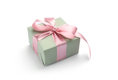 Photo of Beautiful gift box with pink bow isolated on white