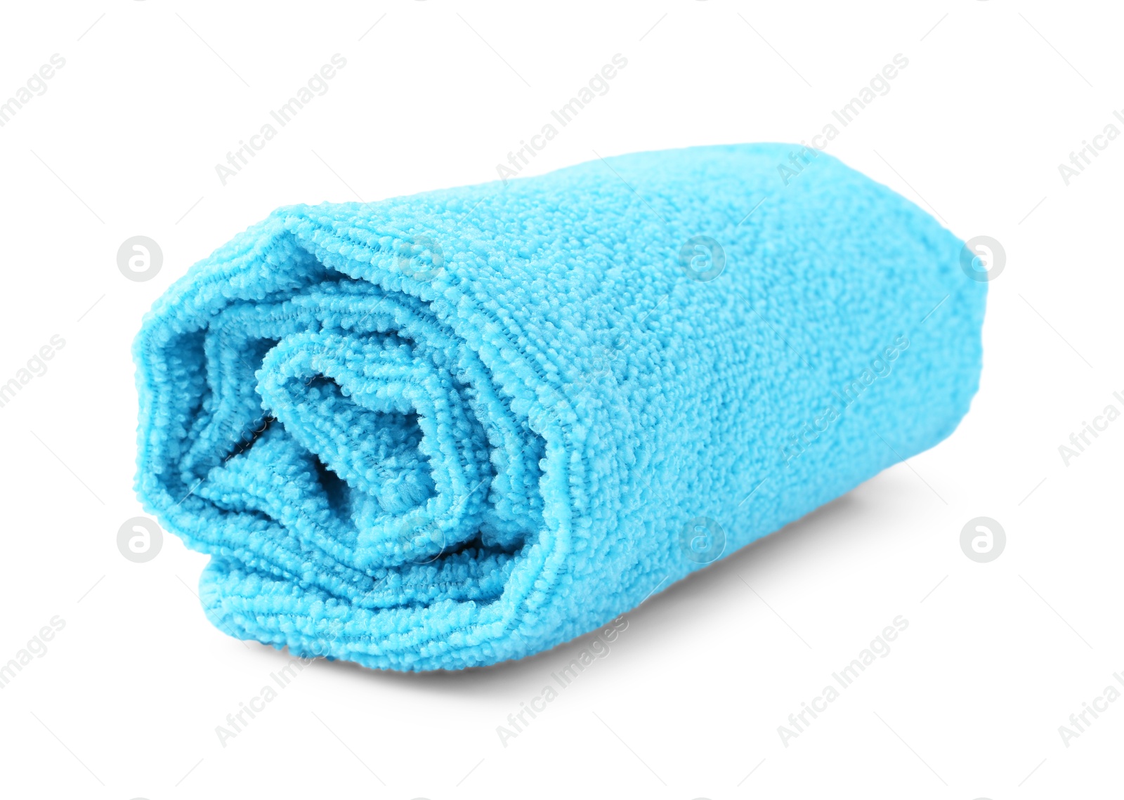 Photo of Clean light blue microfiber cloth isolated on white