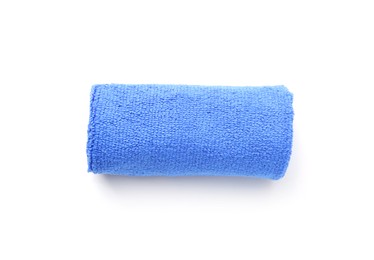 Photo of Clean blue microfiber cloth isolated on white, top view