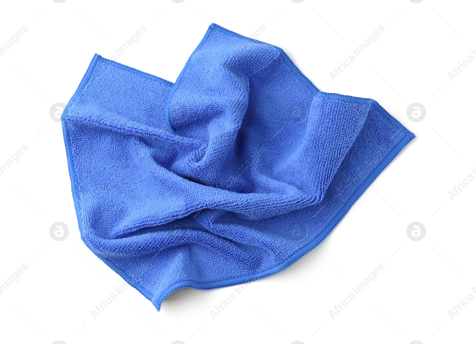 Photo of Clean blue microfiber cloth isolated on white, top view