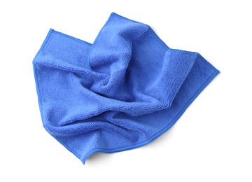 Photo of Clean blue microfiber cloth isolated on white, top view