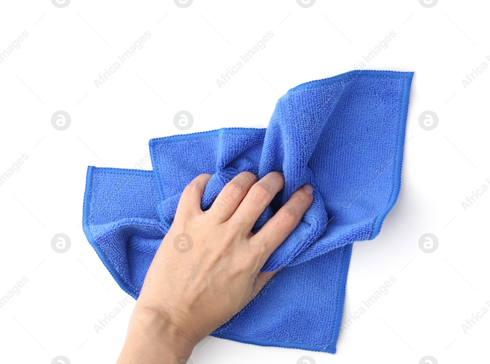 Photo of Woman with clean blue microfiber cloth on white background, top view