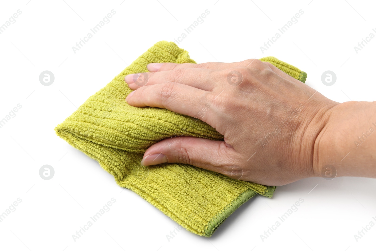 Photo of Woman with clean green microfiber cloth on white background, closeup