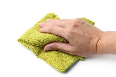 Photo of Woman with clean green microfiber cloth on white background, closeup