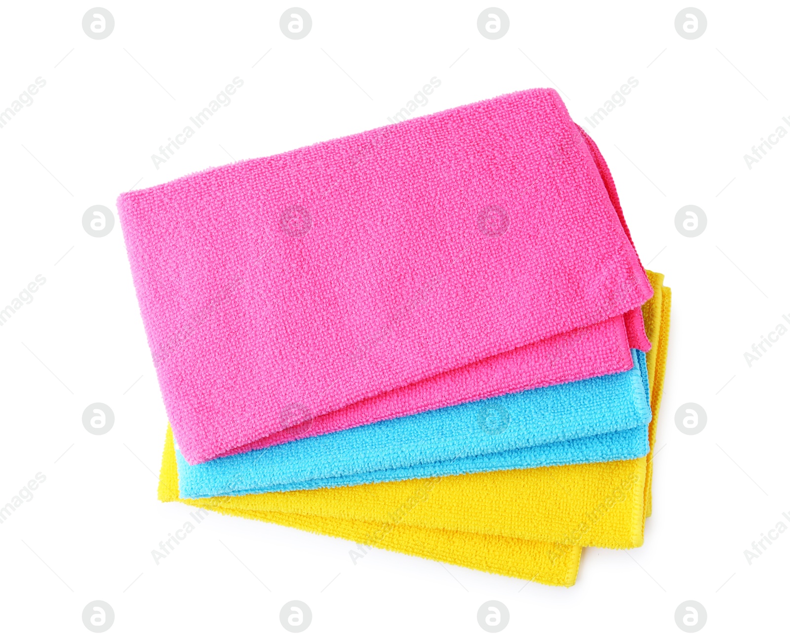 Photo of Stack of different microfiber cloths isolated on white, top view