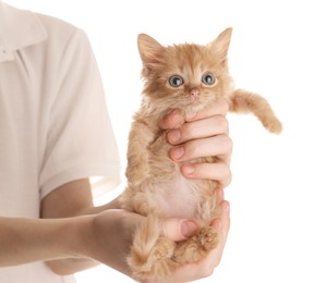 Photo of Teenage boy holding cute ginger kitten on white background, closeup