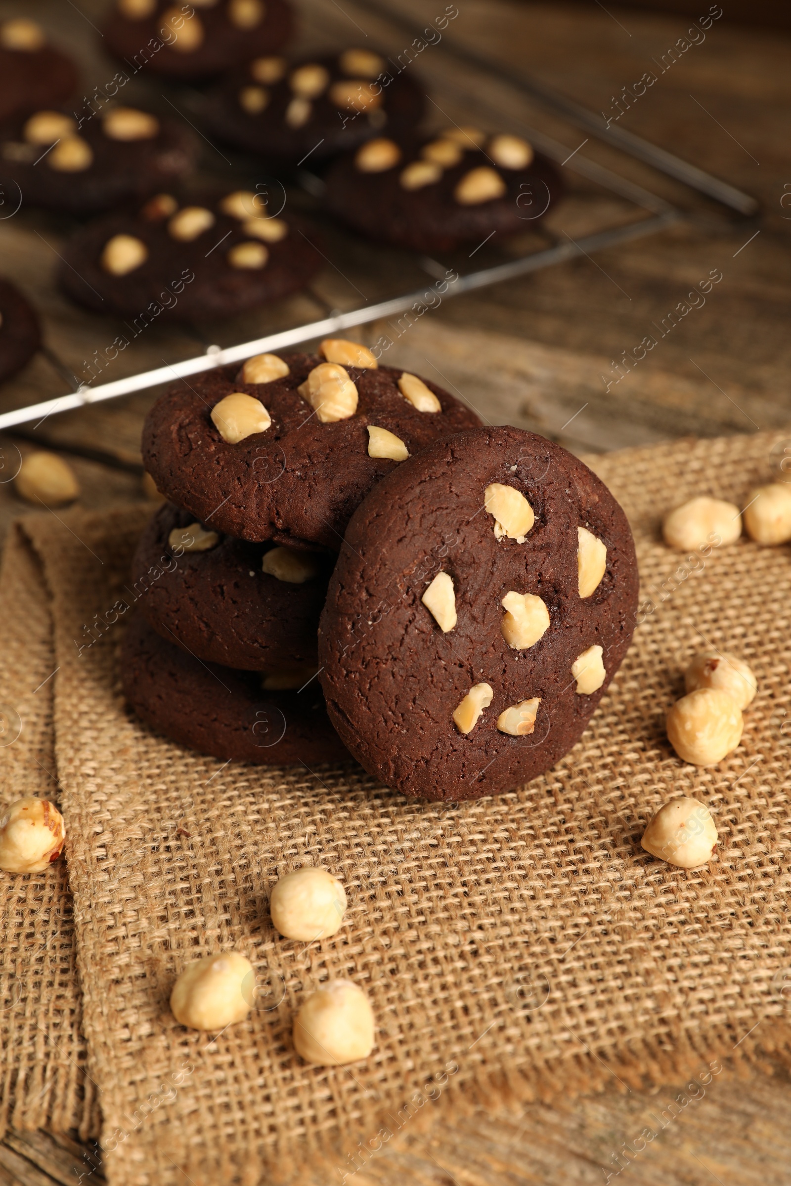 Photo of Tasty chocolate cookies with hazelnuts on wooden table, closeup