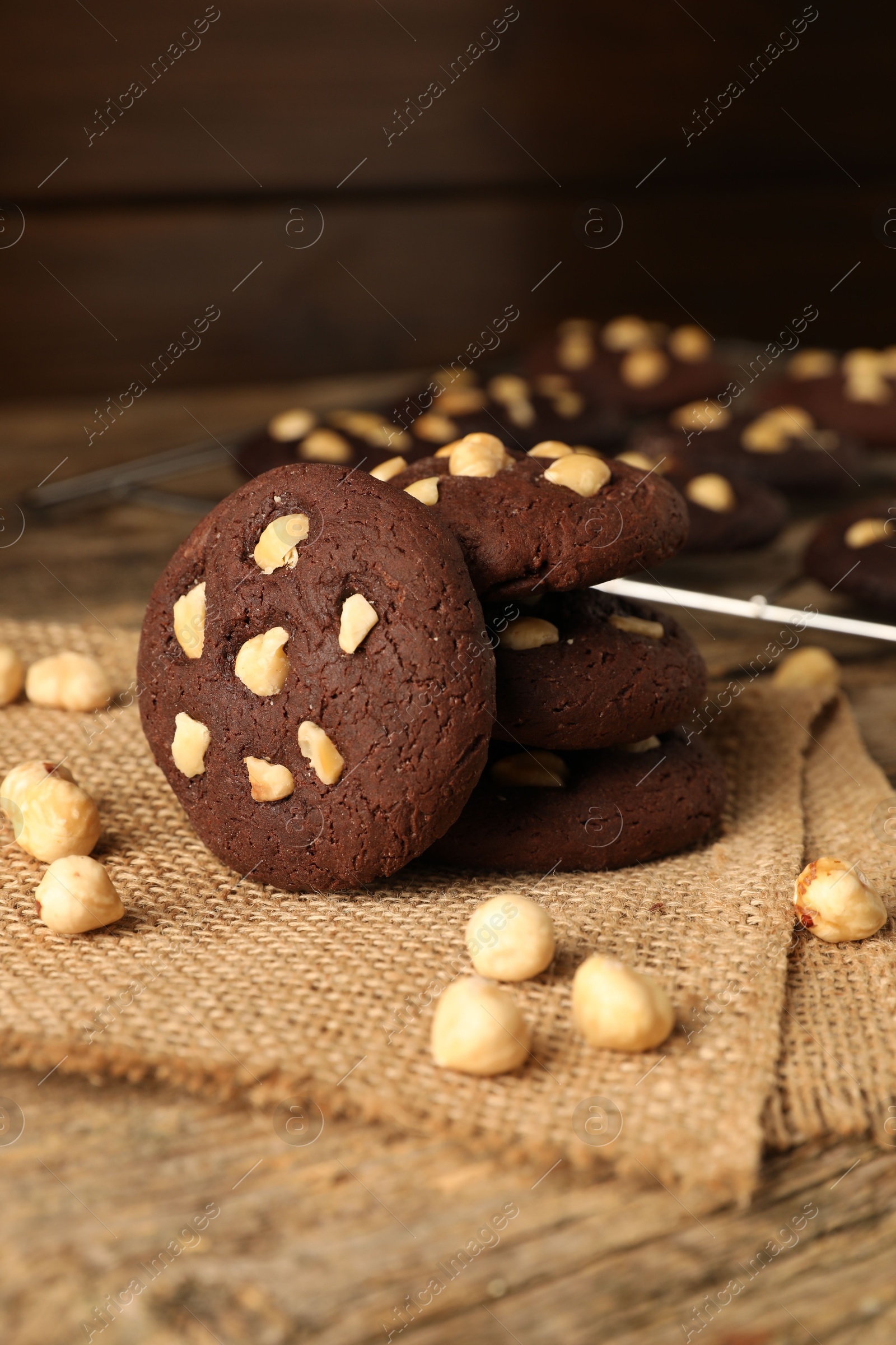 Photo of Tasty chocolate cookies with hazelnuts on wooden table, closeup