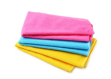 Photo of Stack of different microfiber cloths isolated on white