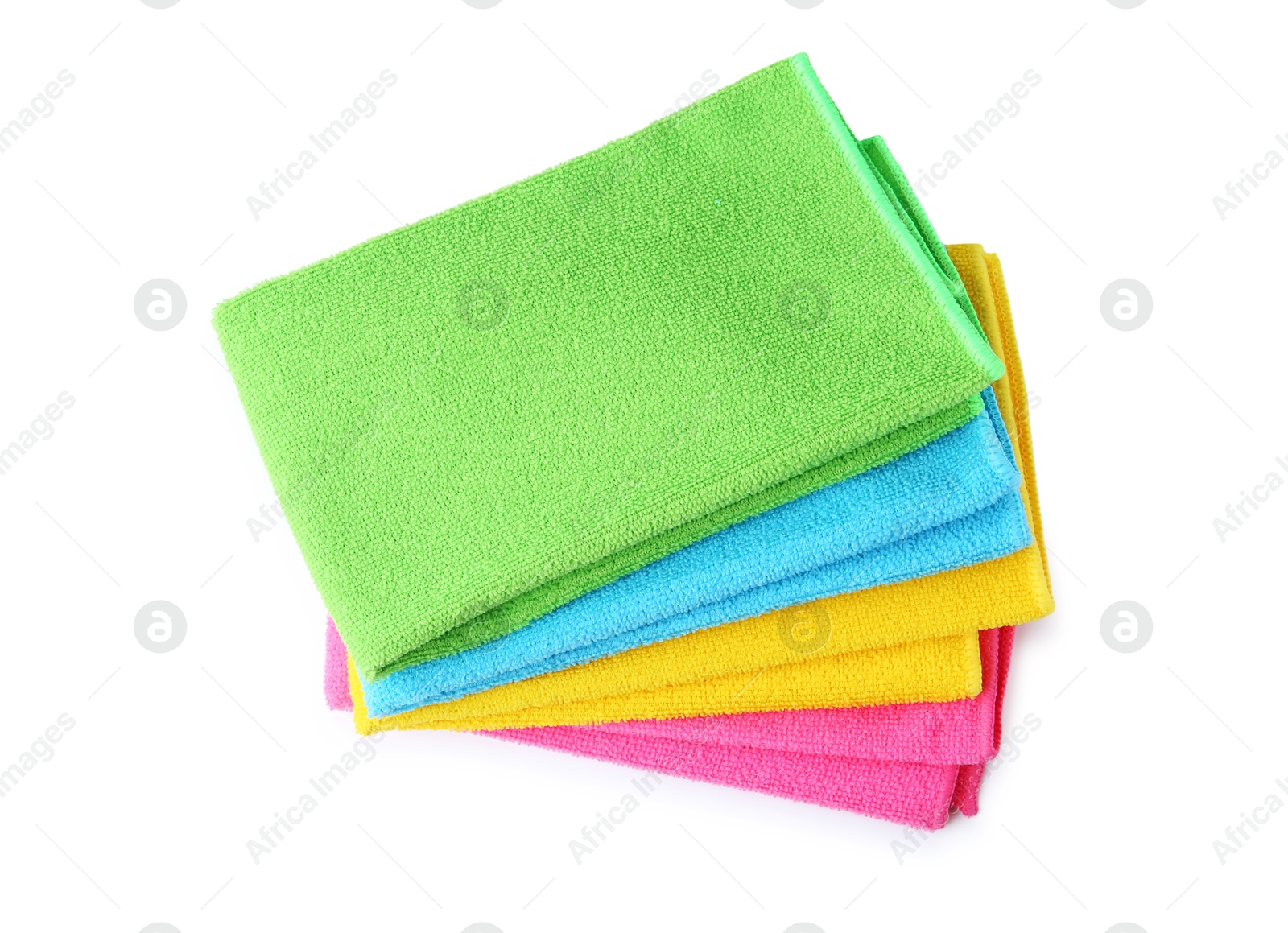 Photo of Stack of different microfiber cloths isolated on white, top view