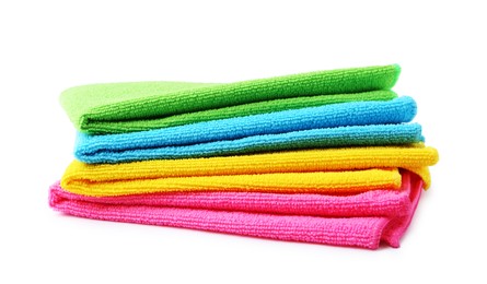 Photo of Stack of different microfiber cloths isolated on white